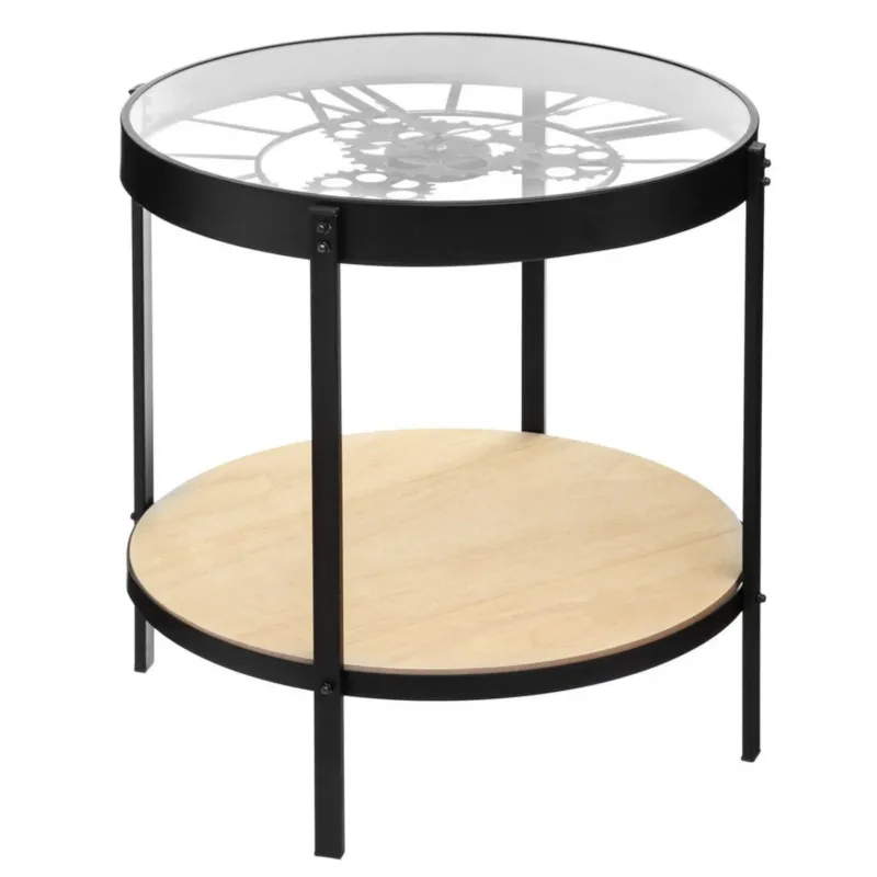 Stolik kawowy z zegarem i półką MECA, Ø 49 cm, metalowy - Bezpieczne zakupy
