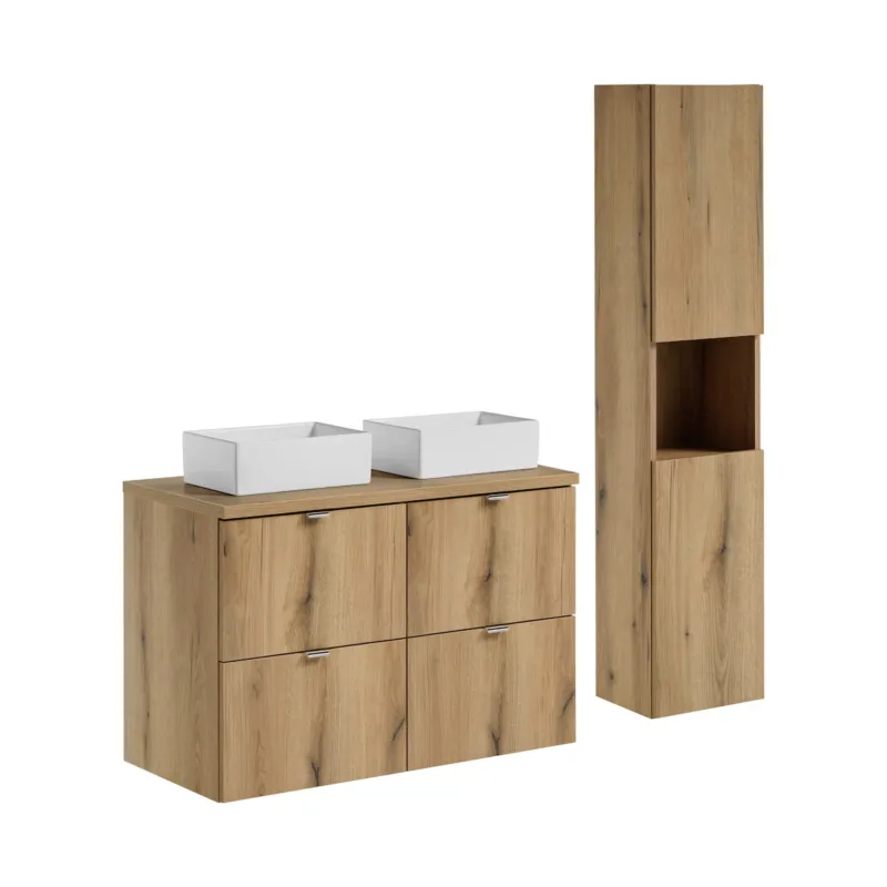 Zestaw meblowy 100cm z blatem, 2 umywalkami nablatowymi Gaja i szafką wysoką SET-NOA B OAK 100CM S UN GAJA SW HC - Do wyczerpania zapasów