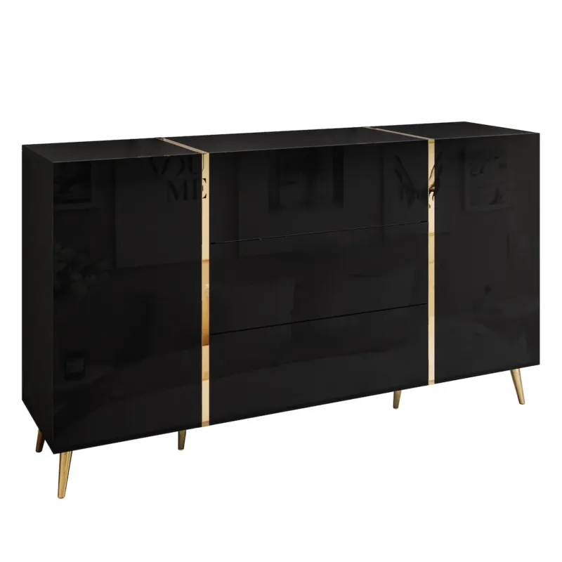 Kup online Komoda z szufladami ONYX na złotych nóżkach wysoki połysk 158 cm, czarna, push-to-open -