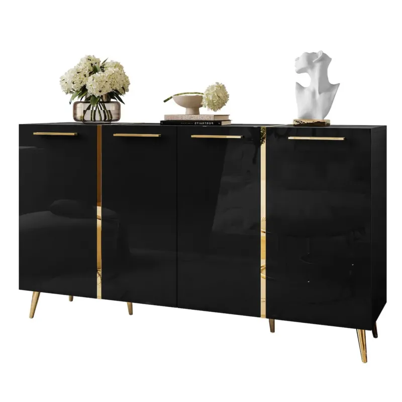 Hit sprzedaży Komoda ONYX 4D 158 cm na złotych nóżkach, czarna, uchwyty złote -