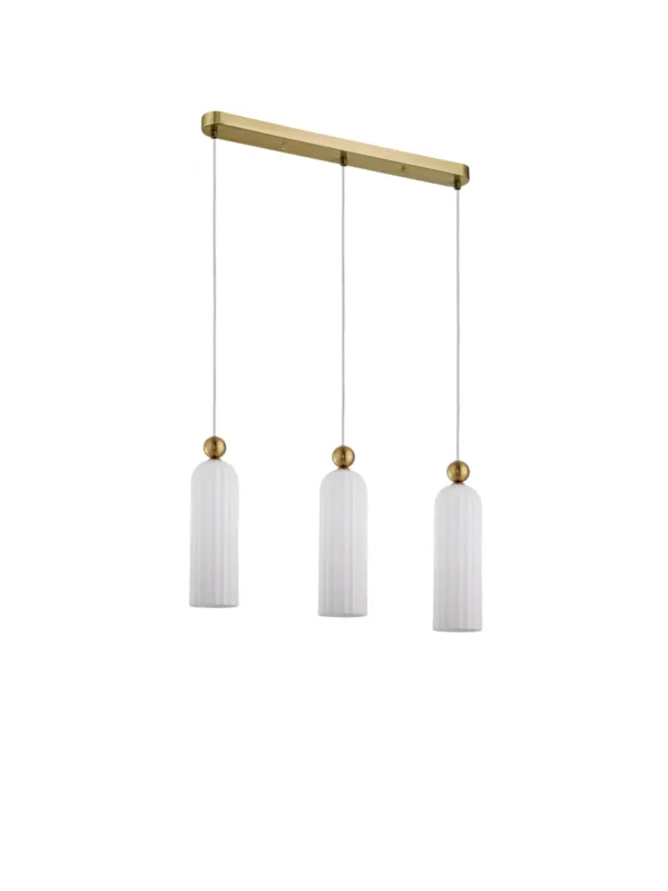 Lampa wisząca potrójna szklana biała Piega 3 długi zwis nad stół na mosiężnej listwie Zniżka