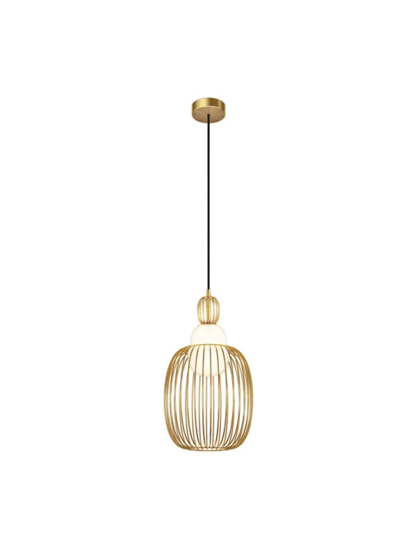 Wyprzedaż Złota lampa wisząca Levitation do salonu - ażurowa klatka z białą kulą, 1xG9