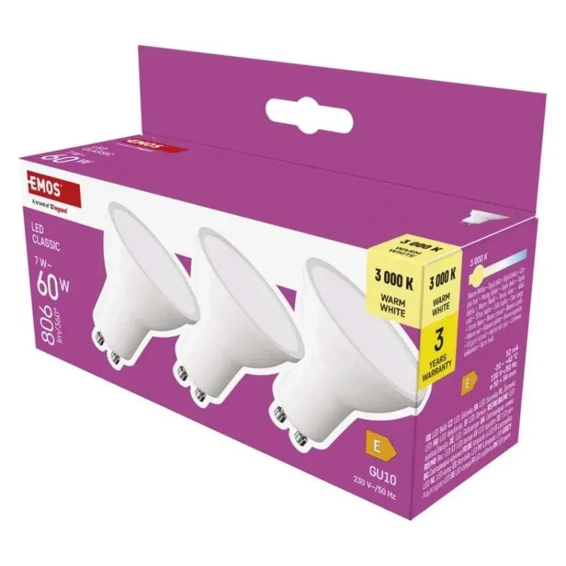ZQ8E42.3 Zestaw 3 żarówek led GU10 MR16 7W-60W 806lm ciepła biel 3000K EMOS Nowość