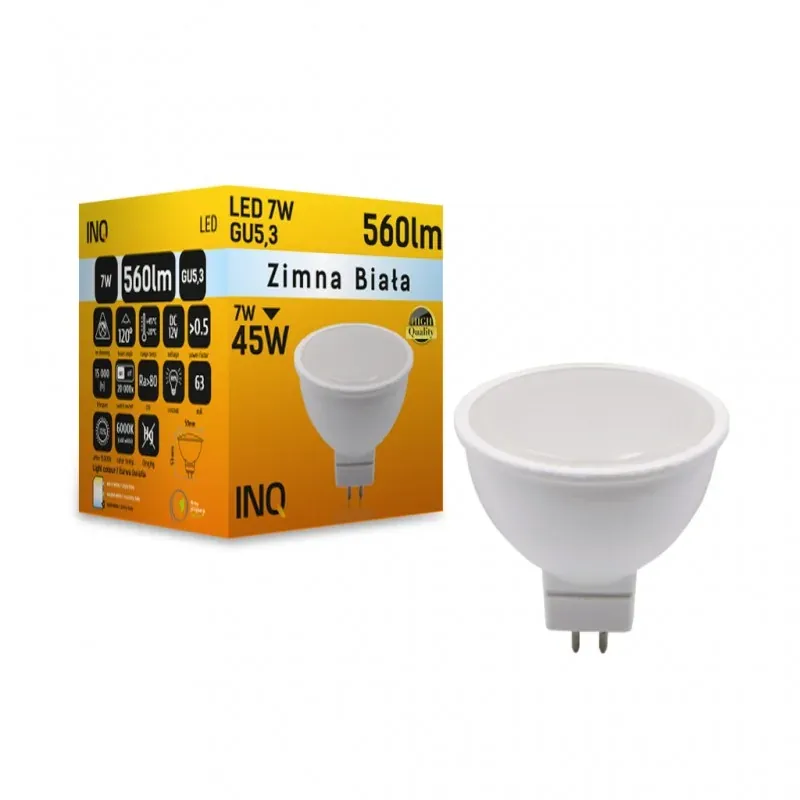 LR140CW Żarówka led niskonapięciowa zimna 12V 7W 6000K GU5,3 INQ Dodaj do koszyka