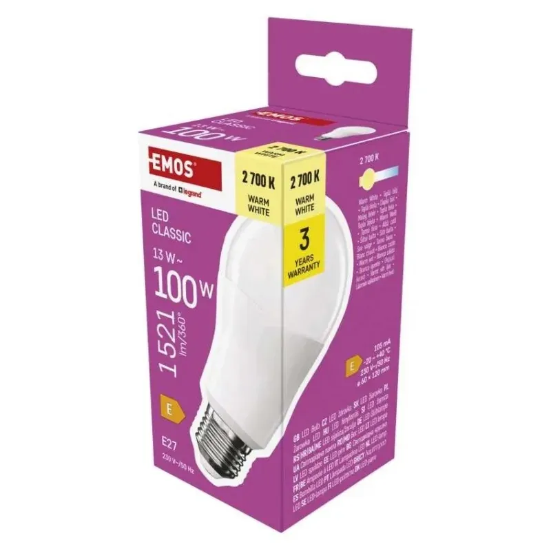 ZQ5E61 Żarówka LED setka A60 13W-100W E27 ciepła 2700K 1521lm 3 lata EMOS Rabat