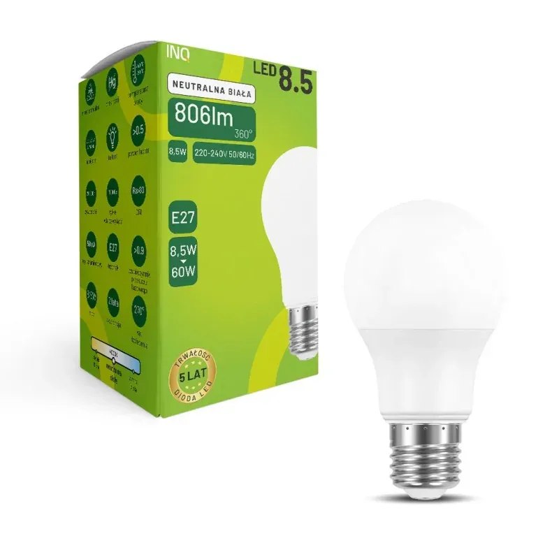 Żarówka LED E27 o mocy 8,5W z neutralnym światłem 4000K 806lm ELA030NW INQ Obniżka ceny
