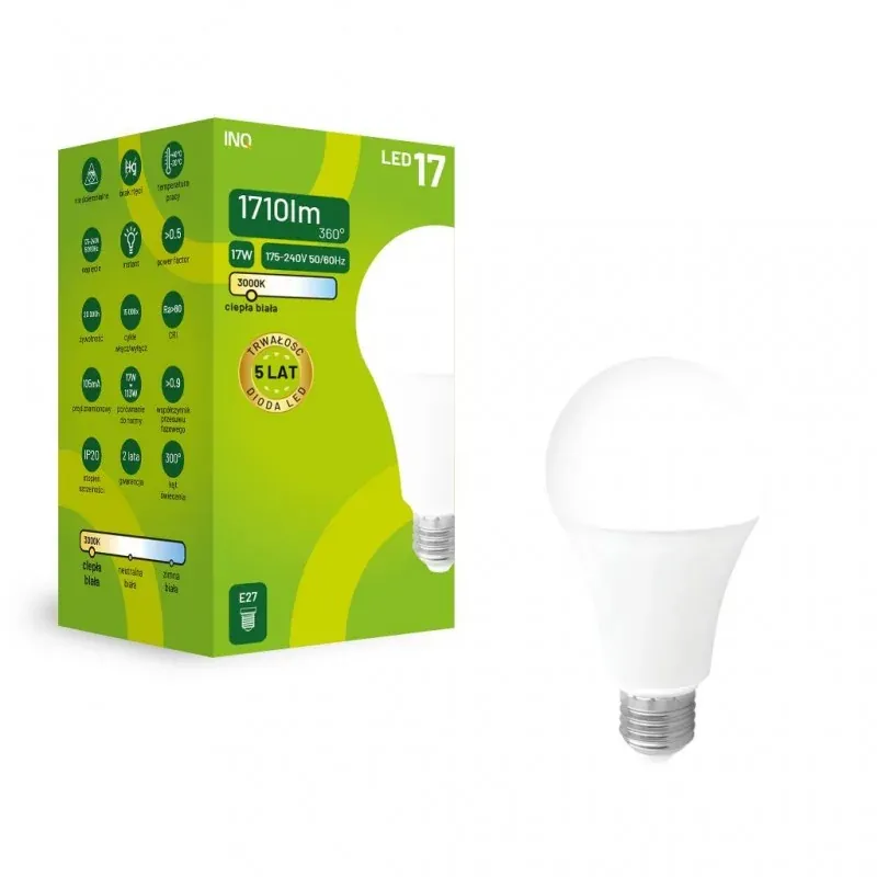 ELA064WW Mocna żarówka LED E27 17W ciepła 3000K 1710lm A70 INQ Szybka dostawa