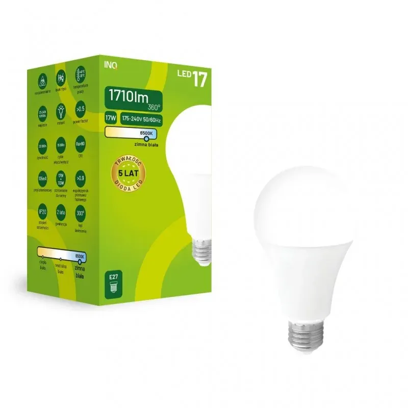 Mocna żarówka LED E27 17W zimna 6500K 1710lm A70 ELA064CW INQ Bestseller