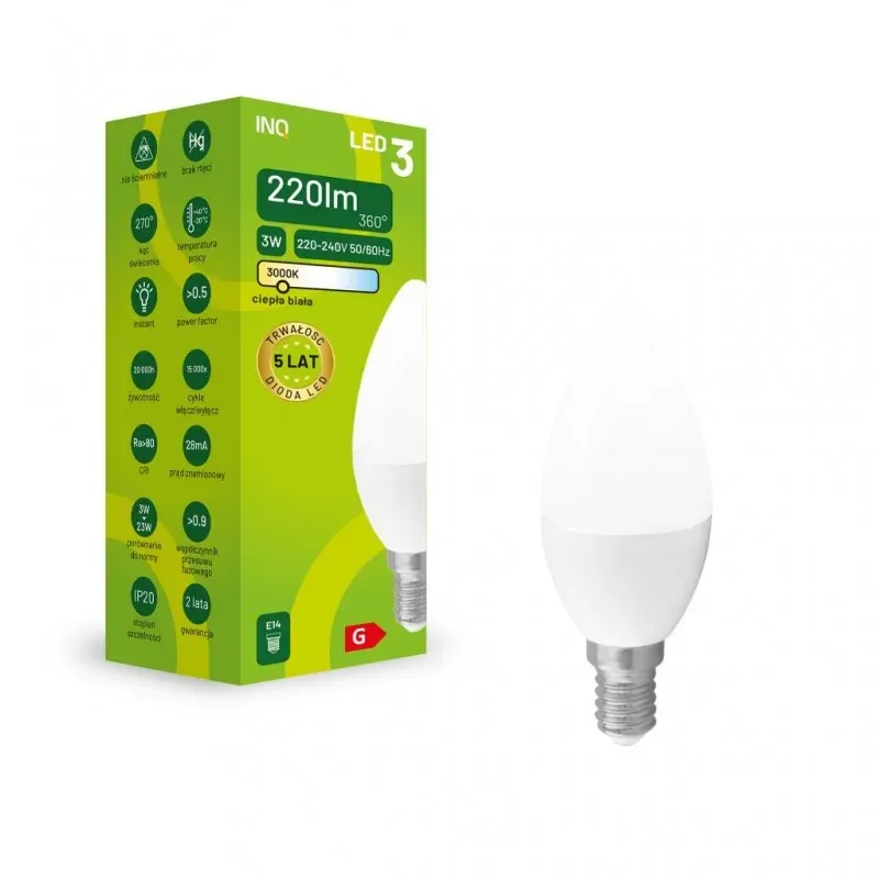 Kup teraz Żarówka LED świeczka neutralna E14 3W 4000K 220lm ELB014NW INQ