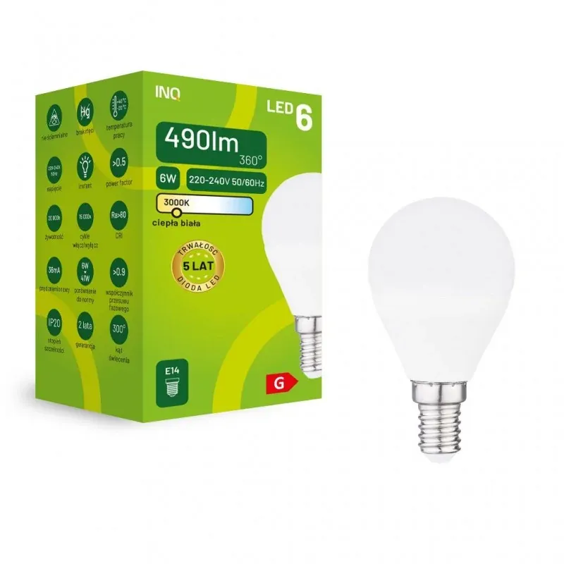 ELP034WW Mleczna żarówka kulka E14 ciepła 6W 490lm 3000K INQ Popularny
