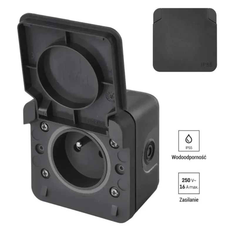 Gniazdo natynkowe hermetyczne ciemne IP55 wodoodporne Oferta czasowa