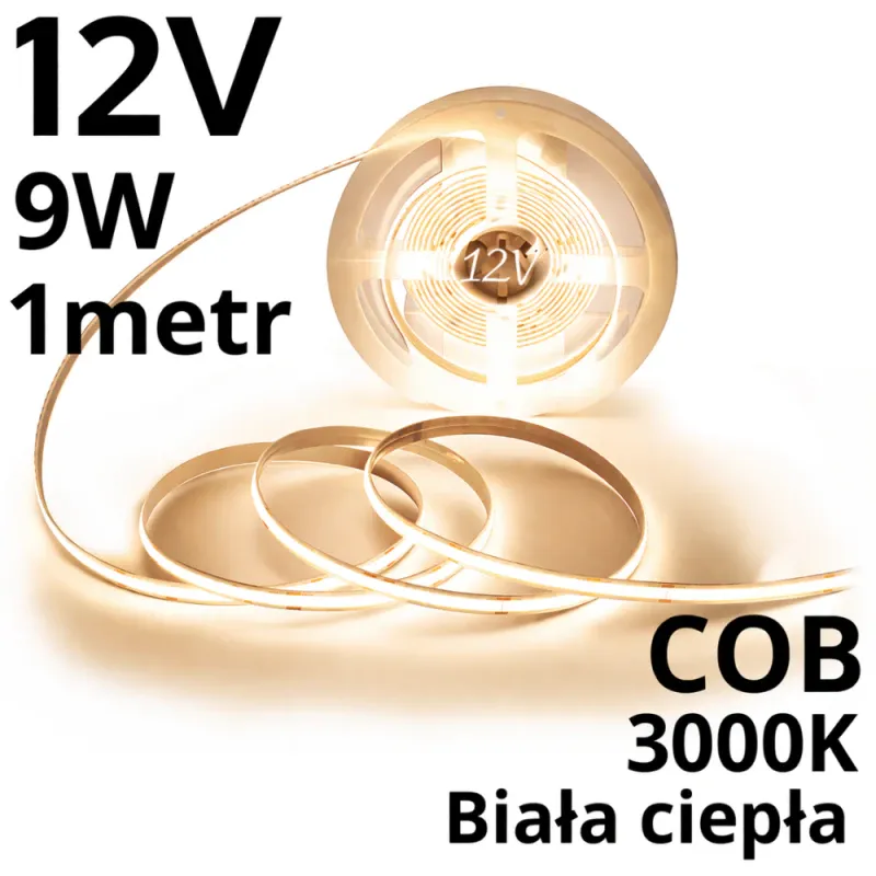 Taśma Led Cob 1 metrowa 12V Biała Ciepła 9W Ip20 480 Super okazja