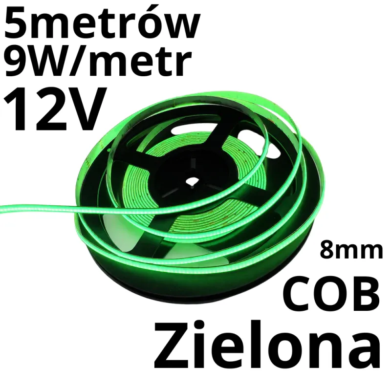 Ekspresowa dostawa Taśma Led Zielona 12V Cob 480 9W/M Ip20 rolka - 5M