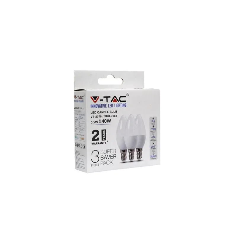 Ekspresowa dostawa Żarówka Led V-Tac 4,5W E14 Świeczka (Opak. 3Szt) Vt-2076 4000K 470Lm