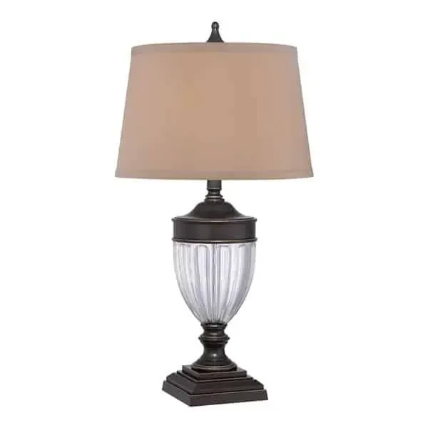 Lampa stołowa brązowa z beżowym abażurem QZ/DENNISON PB z serii DENNISON - Elstead Lighting Ostatnia szansa