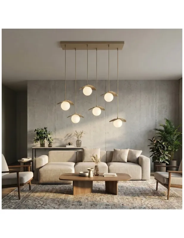 Darmowy zwrot Lampa wisząca 6 kul szklanych z plisowanymi kloszami Flora 77cm mokka / opal Emibig