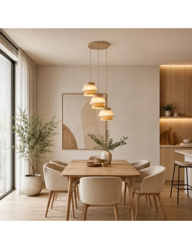 Bezpieczna płatność Lampa wisząca 3 punktowa z abażurami Kalum 47cm len / fornir drewniany TK Lighting