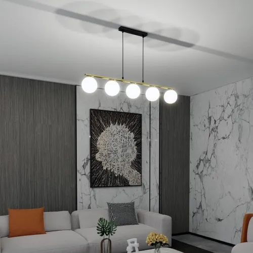 Lampa wisząca złota listwa czarne dodatki i pięć białych kloszy kul Emibig 1254/5 Monza 4xE14 85cm Wyprzedaż