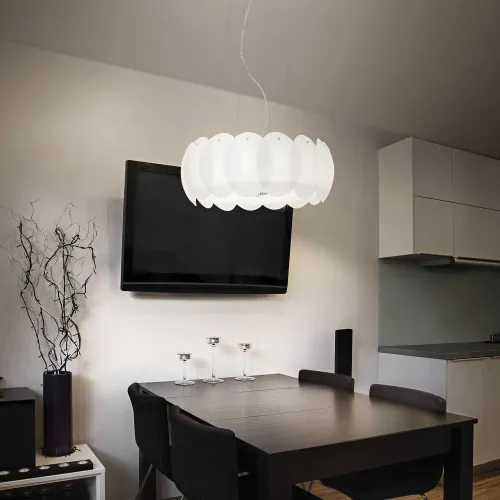 Biała lampa wisząca z szklanymi płatkami na bazie okręgu Ideal Lux 090481 Ovalino 8xE27 55cm x 120cm Premium