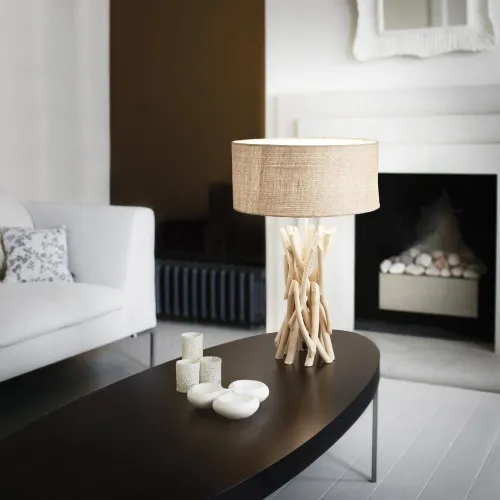 Lampa nocna stołowa drewniana podstawa gałęzie i okrągły materiałowy abażur Ideal Lux 129570 Driftwood E27 40cm x 52cm Nowość