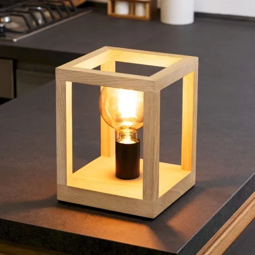 Lampa nocna drewniana mała z metalową czarną oprawką na żarówkę w sześciennej ramie Spot-Light 7154174 Kago E27 25cm Bezpieczna płatność
