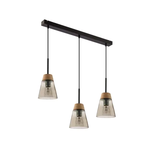 Zniżka Lampa wisząca z dymnymi kloszami na listwie czarnej i dodatkiem drewna Jupiter 1548 Domino 3xE27 67cm
