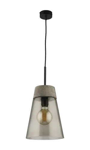 Czarna lampa wisząca z ciemnym drewnem i dymnym szklanym kloszem Jupiter 1652 Domino E27 23cm Zniżka