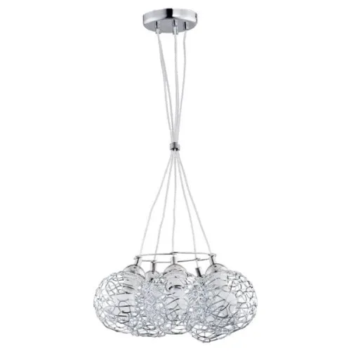 Promocja Lampa wisząca srebrna z drucianymi kloszami na okrągłym stelażu przewody spięte ozdobną klamrą Amaso Alfa 20375 5xE27 78cm x 45cm